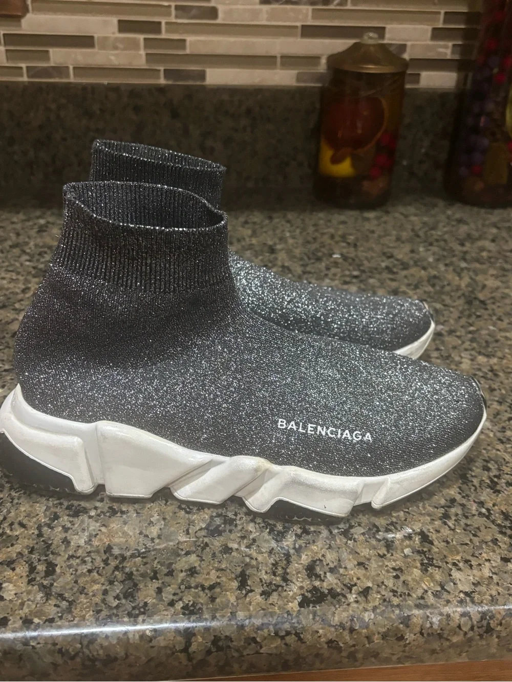 Balenciaga Women’s Black Glitter Sock Sneakers with White Sole - Picture 1 of 13